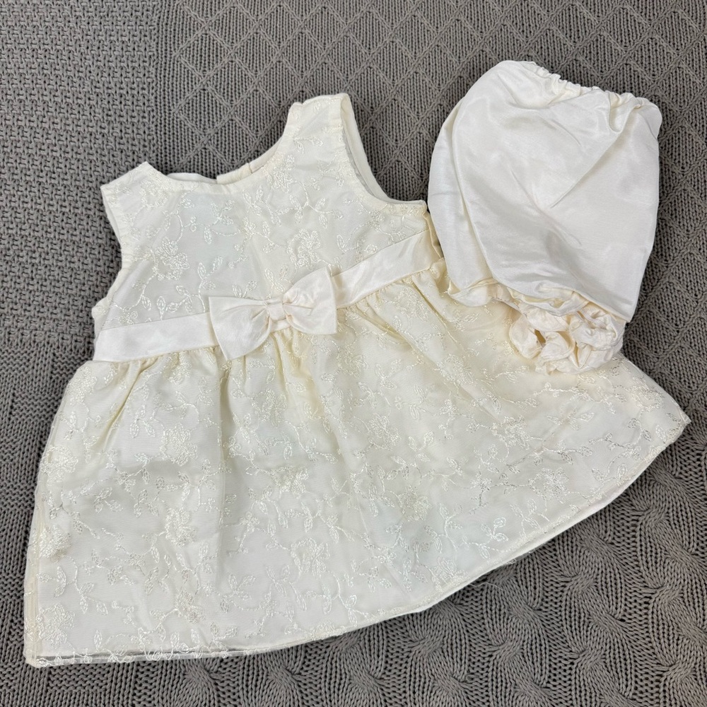 BT Kids Elegant Cream Floral Embroidered Baby Dress with Bow and Bummy ~ 6/9M